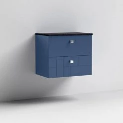 Venice Abstract 600mm Blue Vanity Unit - Wall Hung 2 Drawer Unit with Black Worktop & Chrome Handles -Vanity Units Sales Store VWH6BLUBLK D1 460