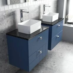 Venice Abstract 600mm Blue Vanity Unit - Wall Hung 2 Drawer Unit with Black Worktop & Chrome Handles -Vanity Units Sales Store VWH6BLUBLK D2 460