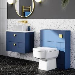 Venice Abstract 600mm Blue Vanity Unit - Wall Hung 2 Drawer Unit with White Worktop & Brushed Brass Handles -Vanity Units Sales Store VWH6BLUWHIB d3 460