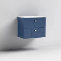 Venice Abstract 600mm Blue Vanity Unit - Wall Hung 2 Drawer Unit with White Worktop & Chrome Handles -Vanity Units Sales Store VWH6BLUWHI D1 460