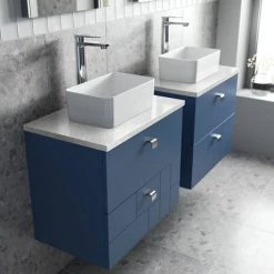 Venice Abstract 600mm Blue Vanity Unit - Wall Hung 2 Drawer Unit with White Worktop & Chrome Handles -Vanity Units Sales Store VWH6BLUWHI D2 460