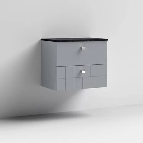 Venice Abstract 600mm Grey Vanity Unit - Wall Hung 2 Drawer Unit with Black Worktop & Chrome Handles 3 Venice Abstract 600mm Grey Vanity Unit - Wall Hung 2 Drawer Unit with Black Worktop & Chrome Handles - Image 3