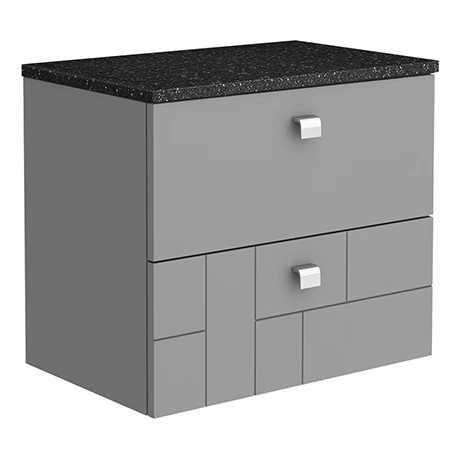 Venice Abstract 600mm Grey Vanity Unit - Wall Hung 2 Drawer Unit with Black Worktop & Chrome Handles 1 Venice Abstract 600mm Grey Vanity Unit - Wall Hung 2 Drawer Unit with Black Worktop & Chrome Handles