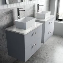 Venice Abstract 600mm Grey Vanity Unit - Wall Hung 2 Drawer Unit with White Worktop & Chrome Handles -Vanity Units Sales Store VWH6GREWHI D2 460