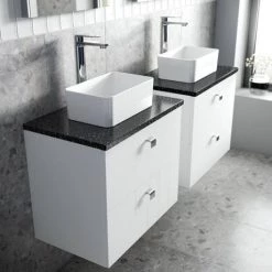 Venice Abstract 600mm White Vanity Unit - Wall Hung 2 Drawer Unit with Black Worktop & Chrome Handles -Vanity Units Sales Store VWH6WHIBLK D1 460