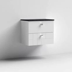 Venice Abstract 600mm White Vanity Unit - Wall Hung 2 Drawer Unit with Black Worktop & Chrome Handles -Vanity Units Sales Store VWH6WHIBLK D2 460