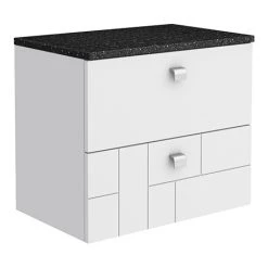 Venice Abstract 600mm White Vanity Unit - Wall Hung 2 Drawer Unit with Black Worktop & Chrome Handles