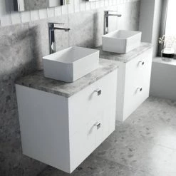 Venice Abstract 600mm White Vanity Unit - Wall Hung 2 Drawer Unit with Grey Worktop & Chrome Handles -Vanity Units Sales Store VWH6WHIGRE D2 460