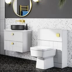 Venice Abstract 600mm White Vanity Unit - Wall Hung 2 Drawer Unit with White Worktop & Brushed Brass Handles -Vanity Units Sales Store VWH6WHIWBB d4 460