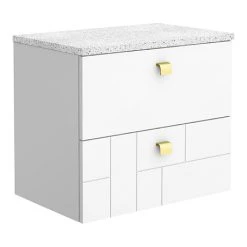 Venice Abstract 600mm White Vanity Unit - Wall Hung 2 Drawer Unit with White Worktop & Brushed Brass Handles