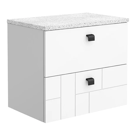 Venice Abstract 600mm White Vanity - Wall Hung 2 Drawer Unit with White Worktop & Matt Black Handles 1 Venice Abstract 600mm White Vanity - Wall Hung 2 Drawer Unit with White Worktop & Matt Black Handles