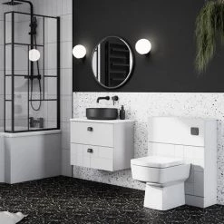 Venice Abstract 600 White Vanity - Wall Hung 2-Drawer Unit w. White Worktop, Round Matt Black Basin & Handles -Vanity Units Sales Store VWH6WHIWHIB2 d5 460