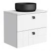 Venice Abstract 600 White Vanity - Wall Hung 2-Drawer Unit w. White Worktop, Round Matt Black Basin & Handles