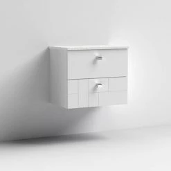 Venice Abstract 600mm White Vanity Unit - Wall Hung 2 Drawer Unit with White Worktop & Chrome Handles -Vanity Units Sales Store VWH6WHIWHI D1 460