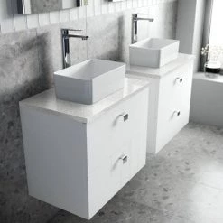 Venice Abstract 600mm White Vanity Unit - Wall Hung 2 Drawer Unit with White Worktop & Chrome Handles -Vanity Units Sales Store VWH6WHIWHI D2 460