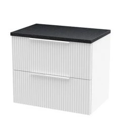 Venice Fluted 600mm White Vanity Unit - Wall Hung 2 Drawer Unit with Black Worktop & Chrome Handles